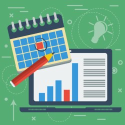 illustration concept of agenda with spiral calendar marked by pencil. computer on background with line elements