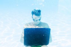 immersed in creative flow underwater with laptop